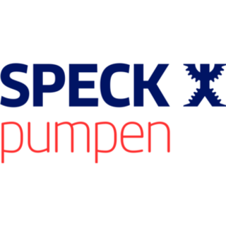 Speck Pumpen Logo von Speck Pumpen, Schriftzug in Blau und Rot.